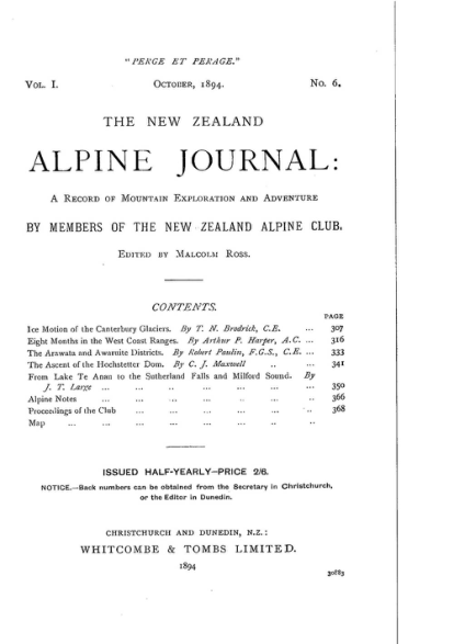 New Zealand Alpine Journal 1894 Vol 1 No 6 cover